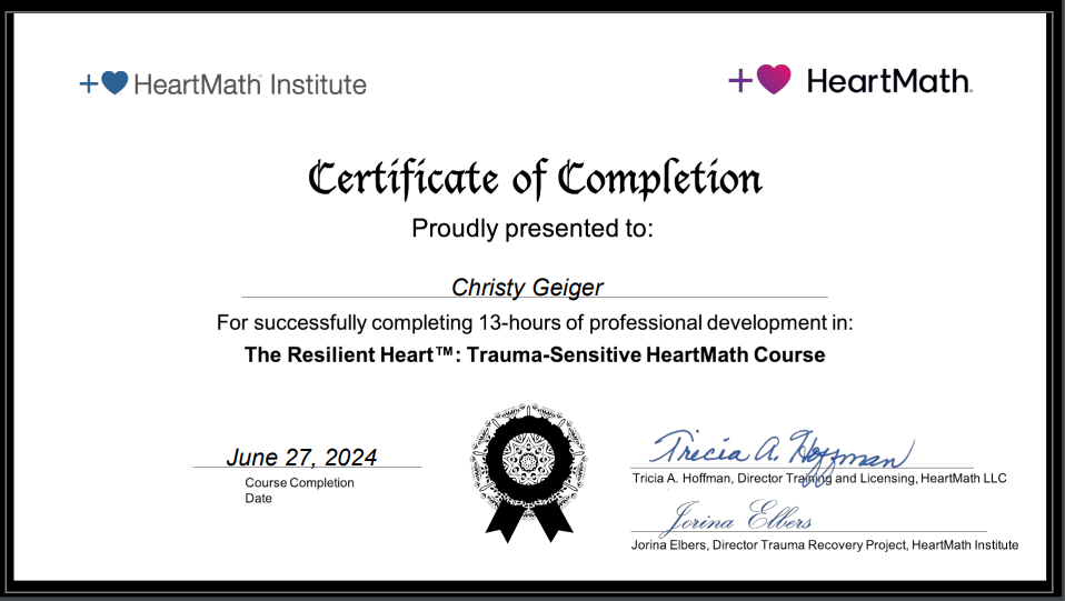 The Resilient Heart Certificate of Completion 2024 june heartmath